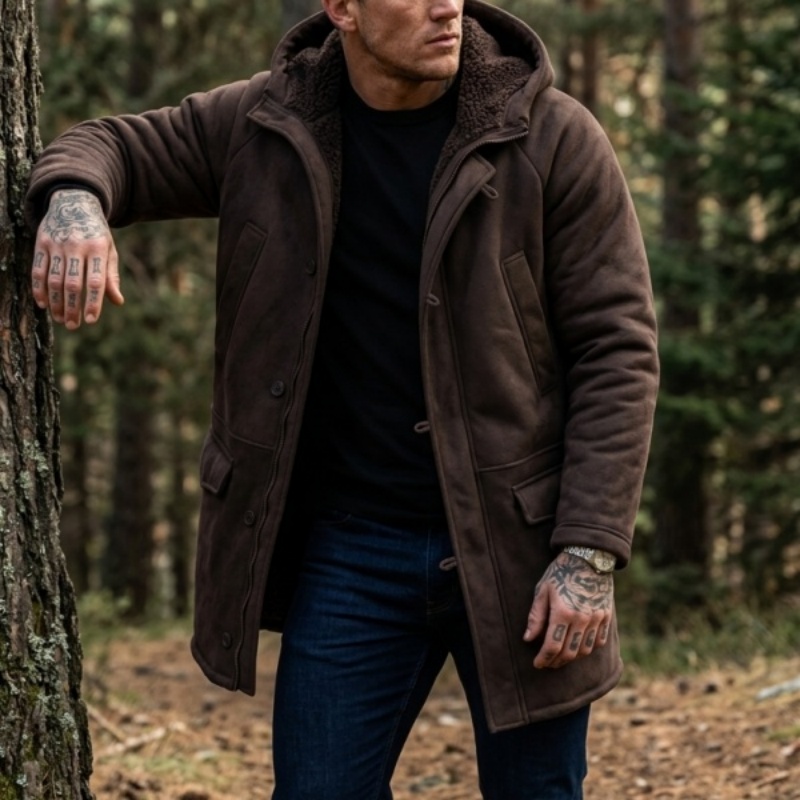 Outdoor Hunting Coat - メンズフェイクファー裏地付きフード付き冬用ジャケット | 防風フリースアウトドアコート 暖かいハンティング・ハイキングウェア ソフトメンズウィンタージャケット