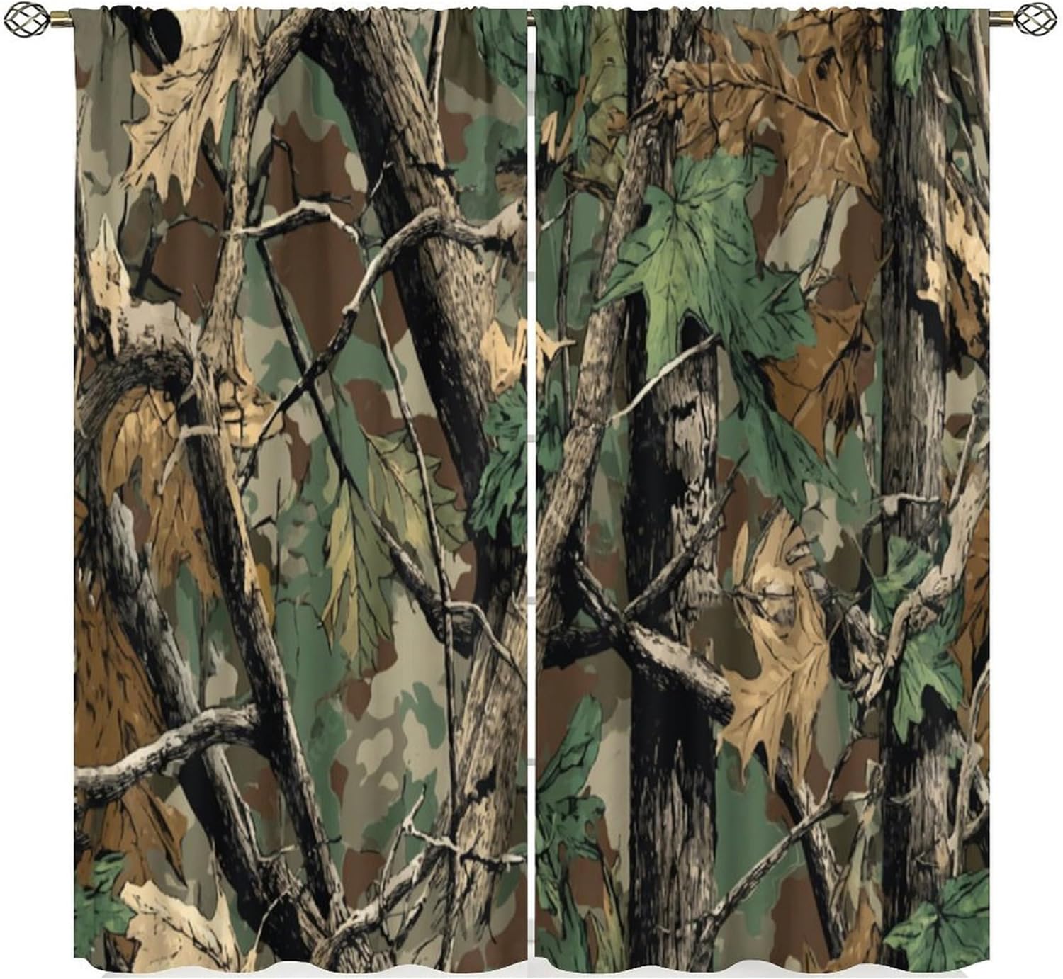Hunting And Camping In Forest - 森林迷彩カーテン、森林迷彩オークの枝葉苔むしたハンティングロッジキャンプキャビンテーマの窓ドアカーテン（寝室用）