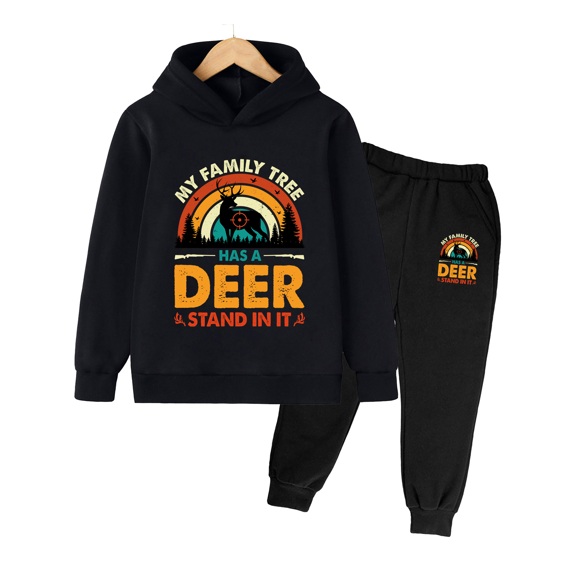 Outdoor Hunting Hoodie - キッズ用フーディー＆スウェットパンツセット、レトロな鹿狩り柄の男の子と女の子向けアウトドアカジュアルウェア