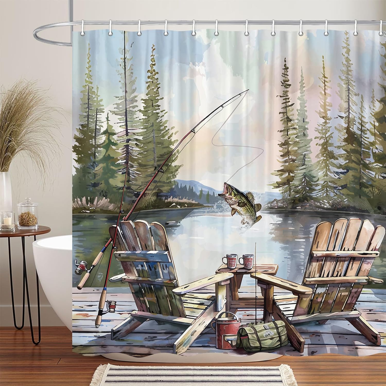Hunting And Camping In Forest - 素朴な釣り場用シャワーカーテン、カントリーロッジキャビンバスフィッシュレイクシャワーカーテン、面白いRVファームハウスハンティングキャンプ森林自然柄