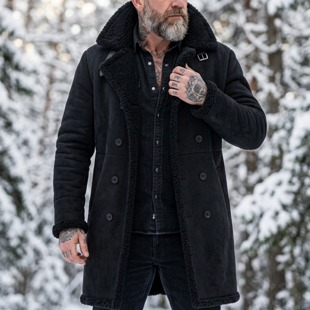 Outdoor Hunting Coat - メンズフェイクスエードファー裏地付き冬用ジャケット防風ダブルブレストベルト付きトレンチ厚手暖かいハンティングハイキングコート冬用男性コート