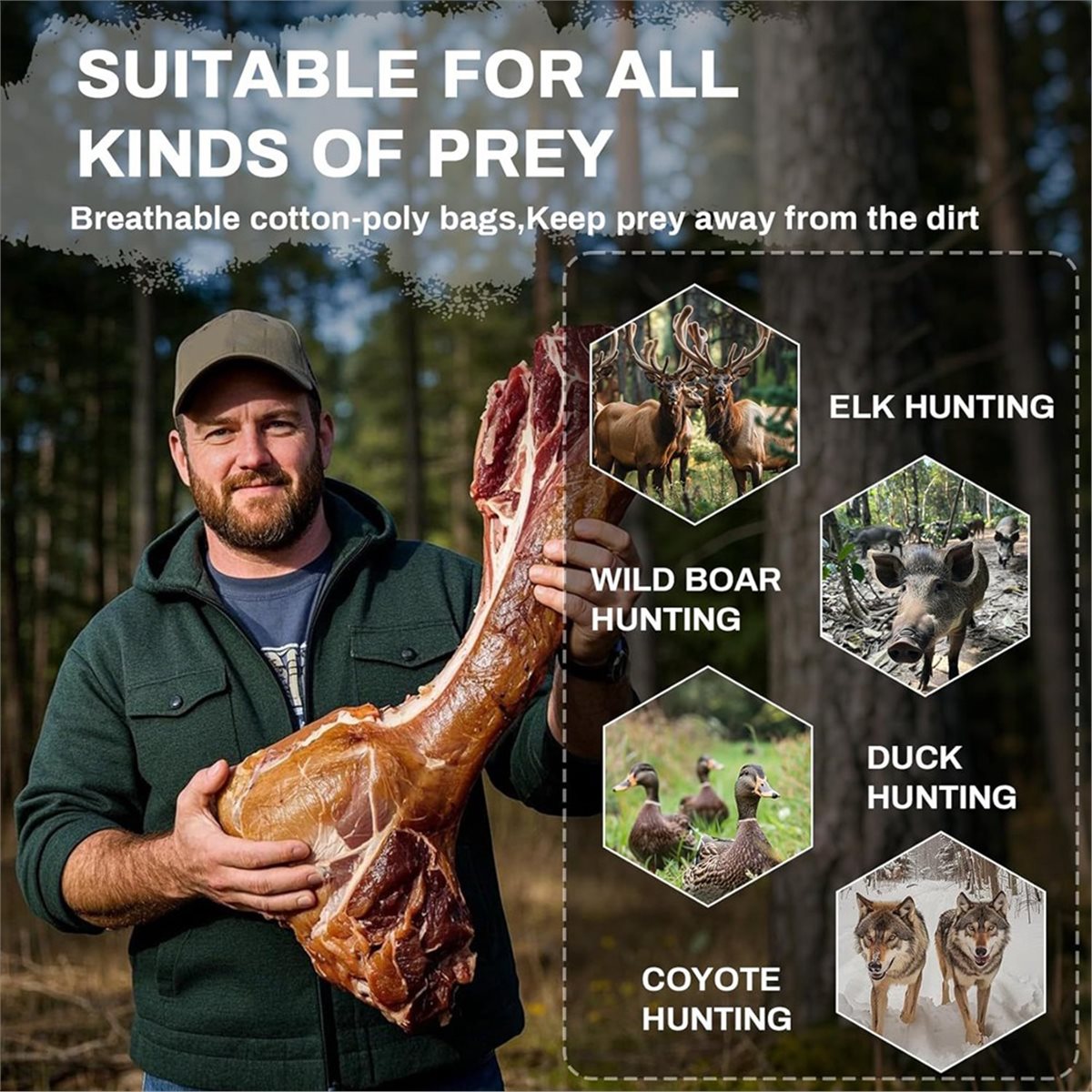 Game Bag Meat Hunting - ゲームバッグ ハンティングミートバッグ、5個パック ロール式ヘビーデューティー クォーターバッグ、再利用可能＆通気性のあるミートゲームバッグ