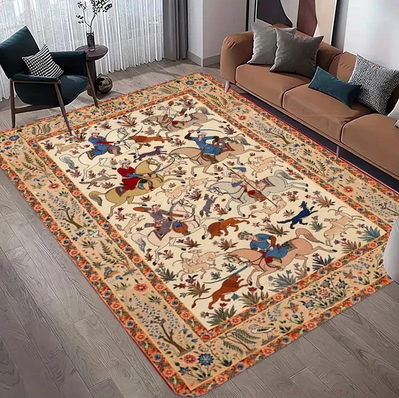Hunting Outdoor Rug - ヴィンテージペルシャ風花柄エリアラグ、クラシックな滑り止めマット、リビングルームアンティークホームデコレーション用
