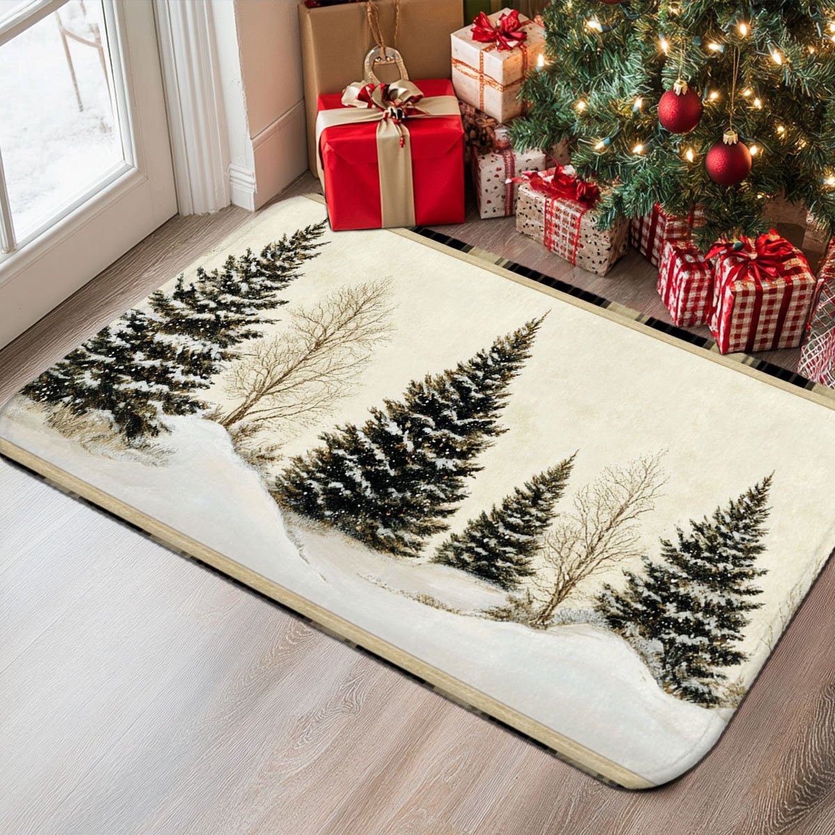 Hunting Outdoor Rug - 冬の雪景色をイメージした狩猟小屋と松の木のクリスマス柄ドアマット、滑り止め加工、洗濯可能、キッチン、バスルーム、寝室、家の装飾に。
