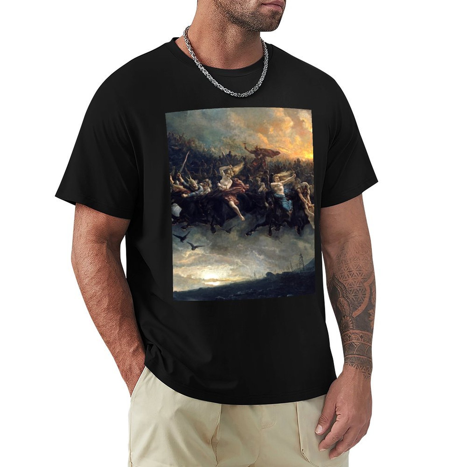 Wildman Hunting & Outdoor - オーディンの野生の狩り (1872年)、ペーター・ニコライ・アルボによる神話画 Tシャツ ソフトで耐久性のあるコットンTシャツ