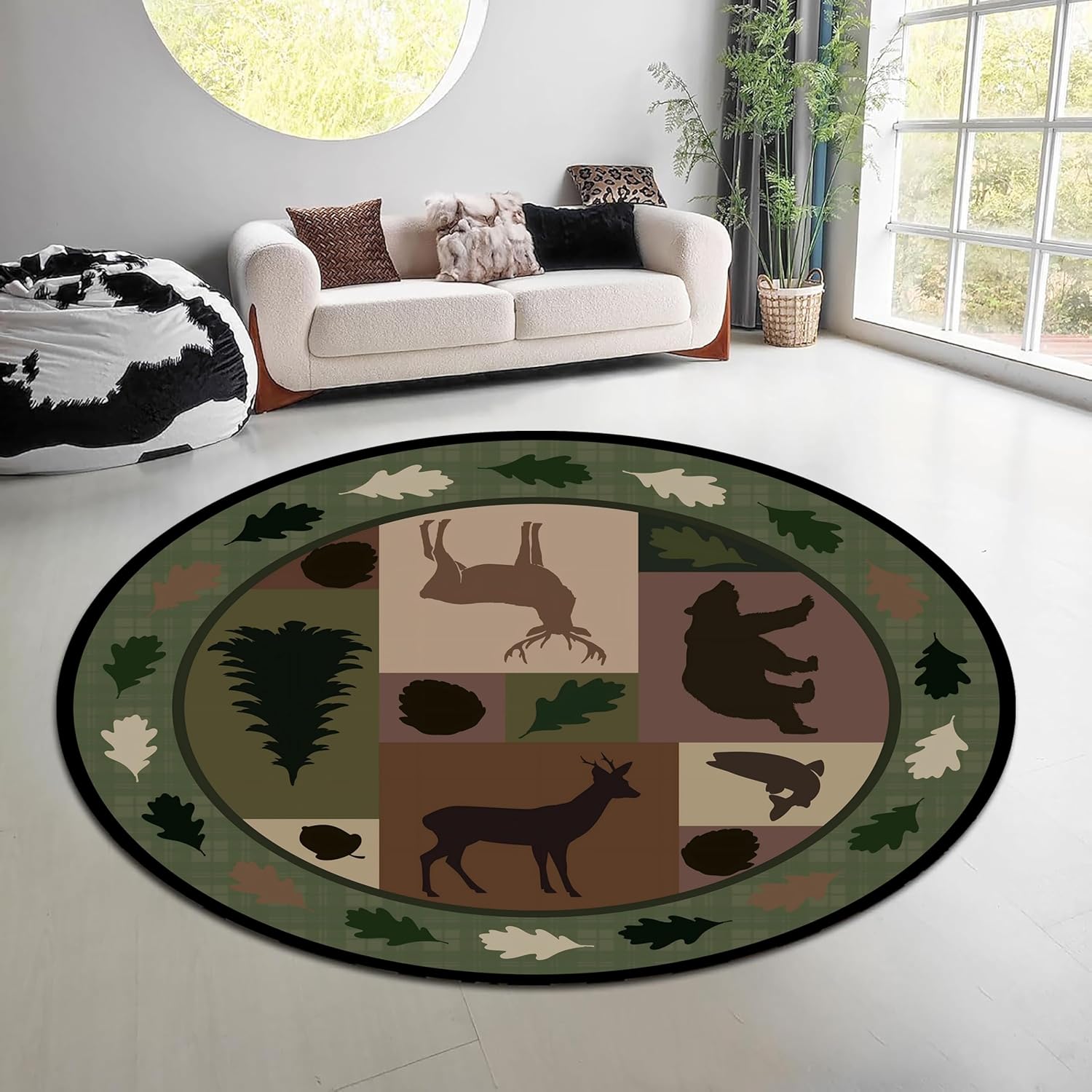 Hunting Outdoor Rug - ヴィンテージ風自然森林柄ラウンドラグ グリーンブラウン エルクベア柄エリアカーペット ウェスタンハンティングロッジ リビングルームソファ用 美しいフロアマット