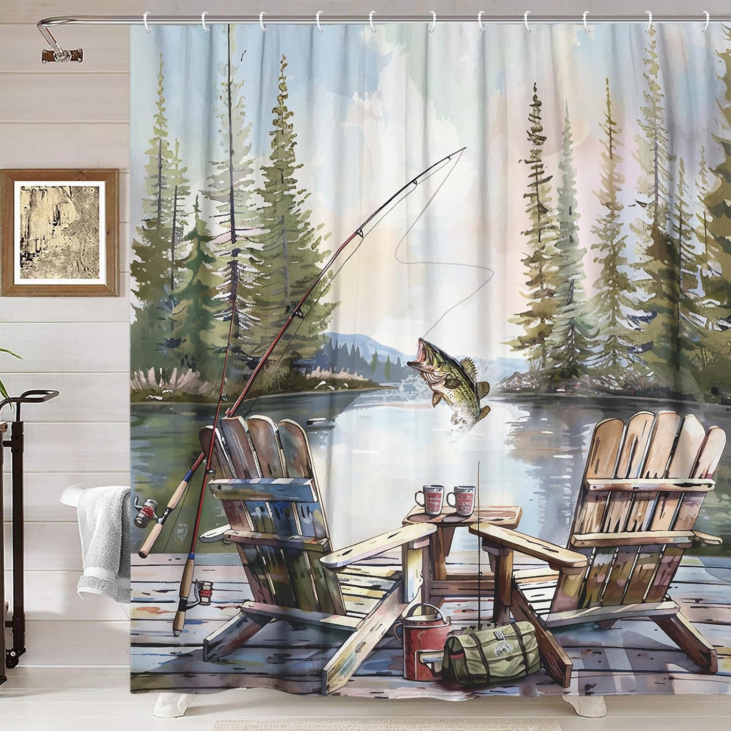 素朴な釣り場用シャワーカーテン、カントリーロッジキャビンバス - Hunting And Camping In Forest のレビューと価格