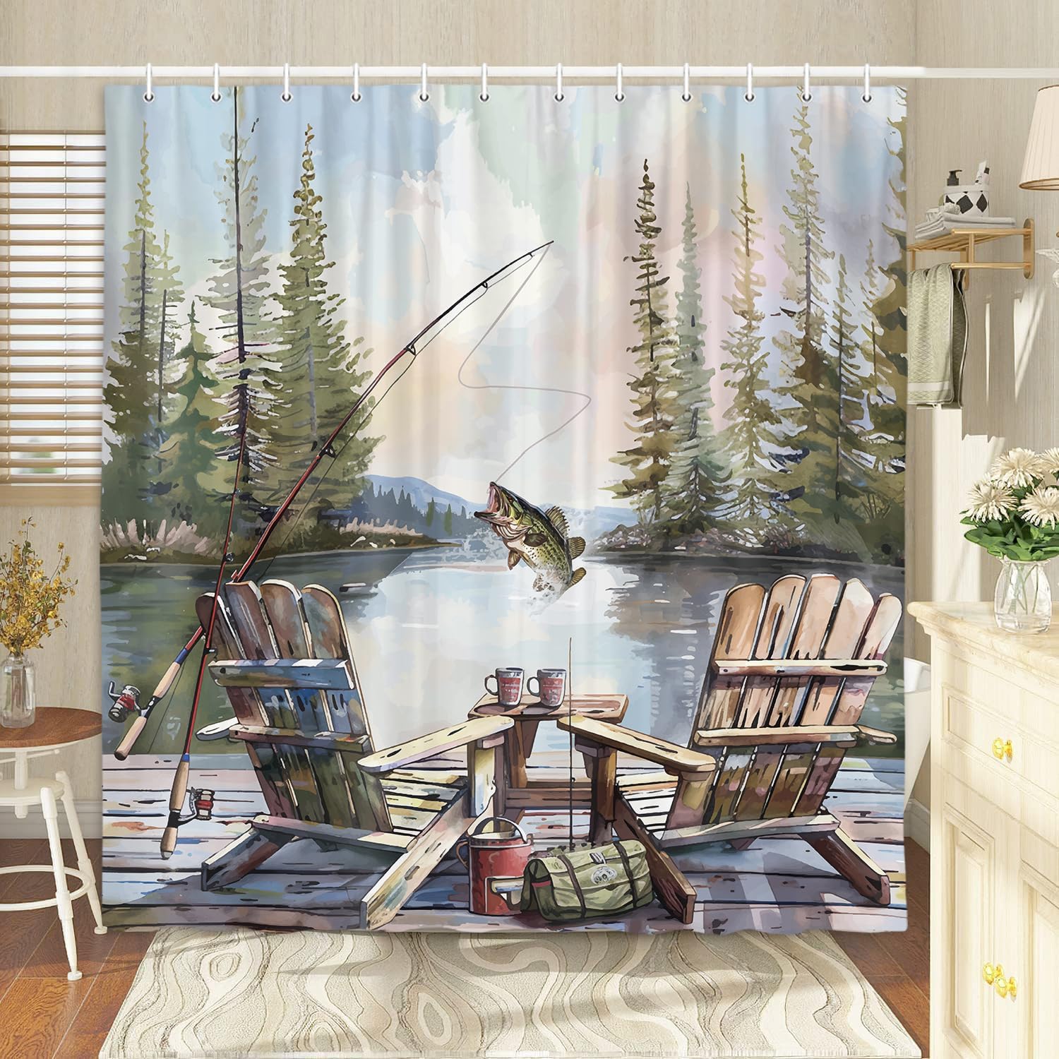 素朴な釣り場用シャワーカーテン、カントリーロッジキャビンバス - Hunting And Camping In Forest のレビューと価格