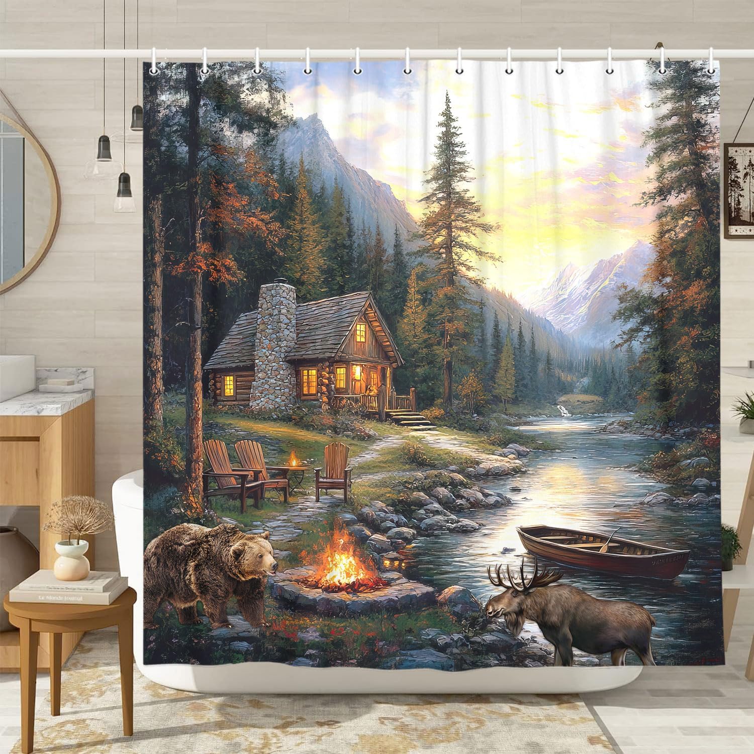 素朴なキャビンロッジ シャワーカーテン クマ、ヘラジカ、迷彩 - Hunting And Camping In Forest のレビューと価格