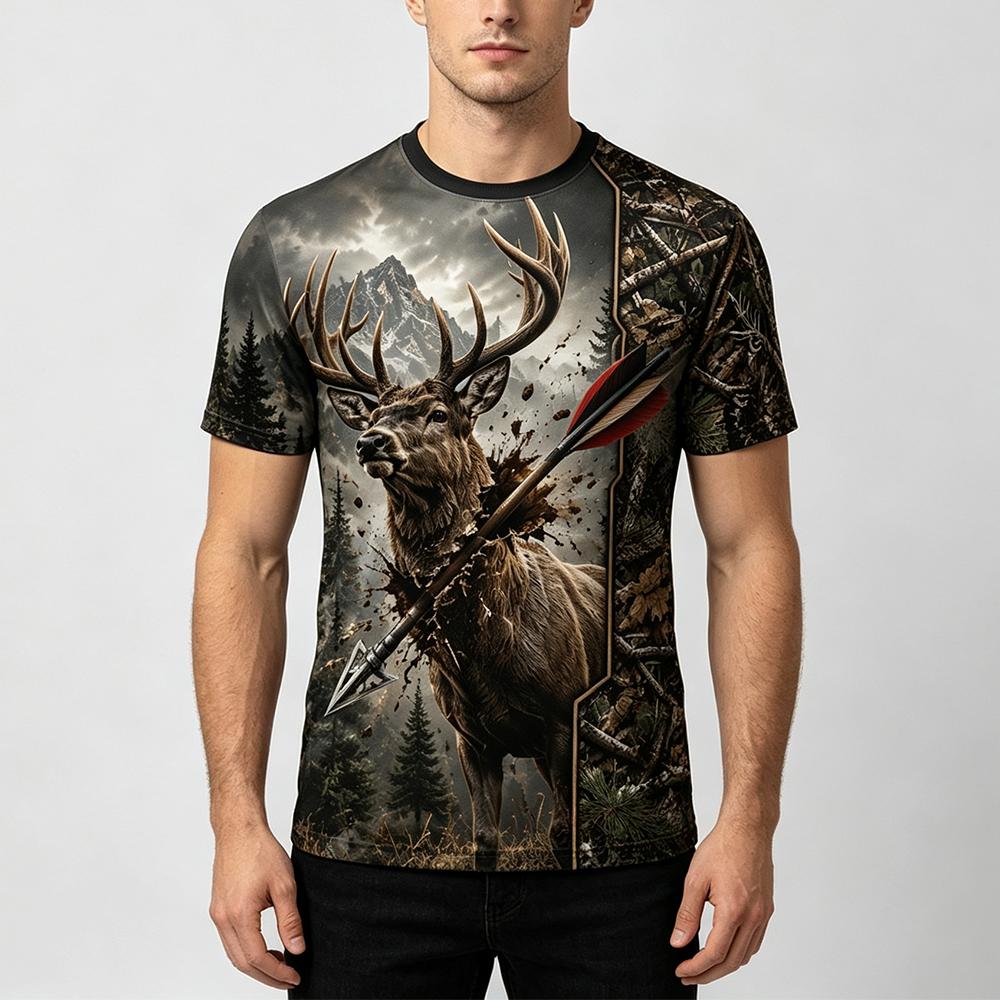 新しいアウトドアハンティングメンズ Tシャツフォレストエルク - Hunting And Camping In Forest のレビューと価格