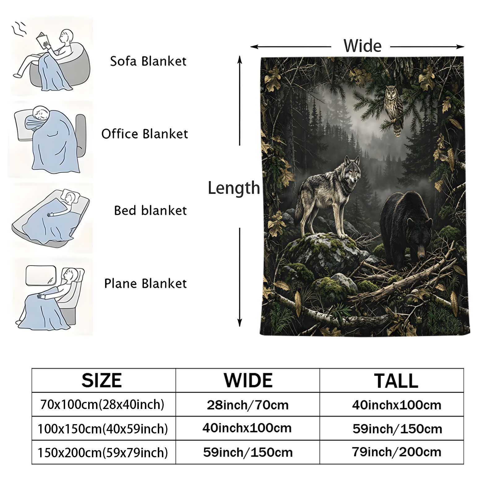 森林オオカミクマフクロウフランネルブランケット野生動物自然風 - Hunting And Camping In Forest のレビューと価格