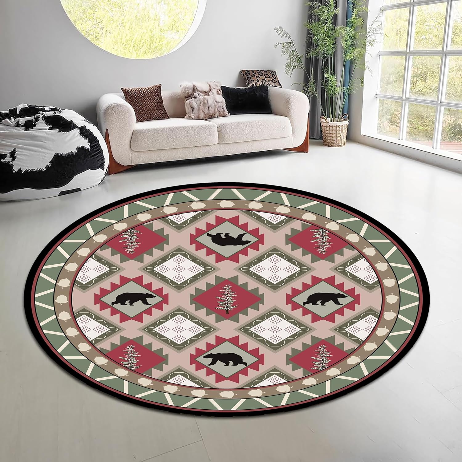 ヴィンテージ風自然森林柄ラウンドラグ グリーンブラウン エル - Hunting Outdoor Rug のレビューと価格