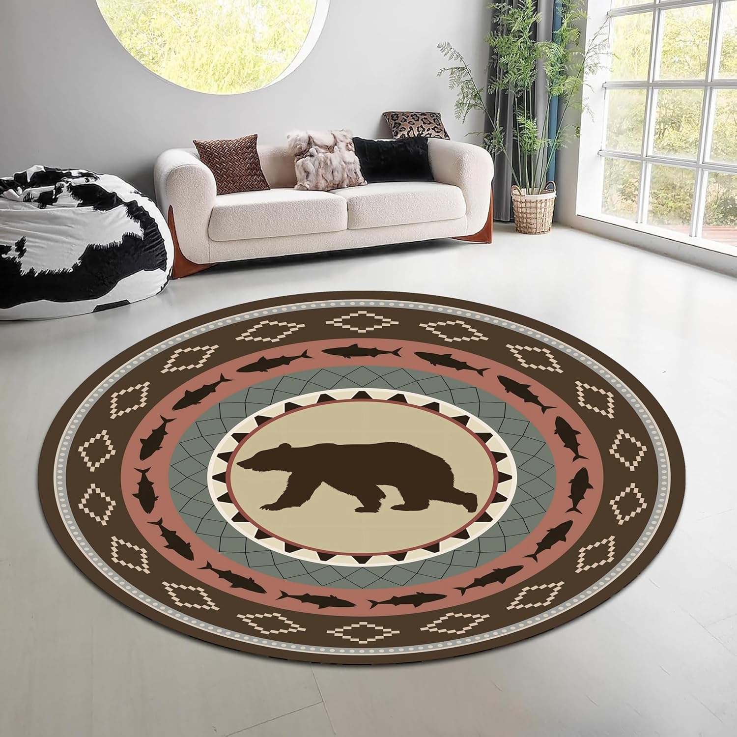ヴィンテージ風自然森林柄ラウンドラグ グリーンブラウン エル - Hunting Outdoor Rug のレビューと価格