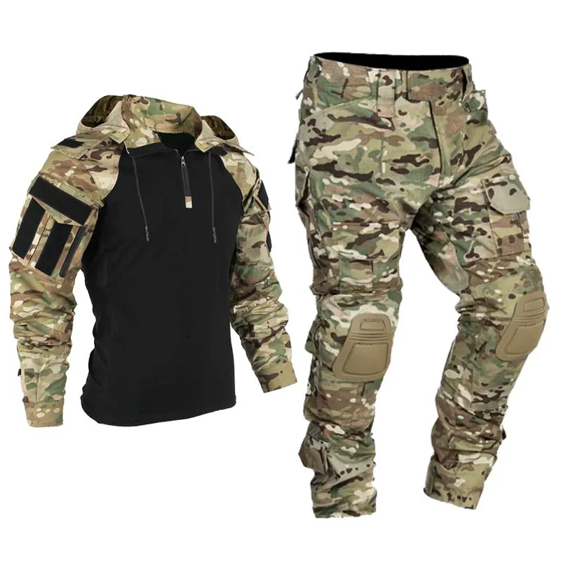 男性の戦術的な制服軍事屋外迷彩戦闘スーツシャツパーカーセット - Outdoor Hunting Hoodie のレビューと価格